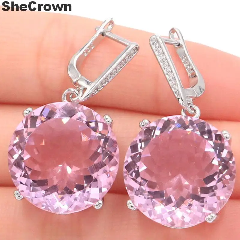 35X20Mm Grande Design Europeo Rotondo 16G 20Mm Rosa Kunzite Cz Donne Incontri Orecchini In Argento Ciondolo