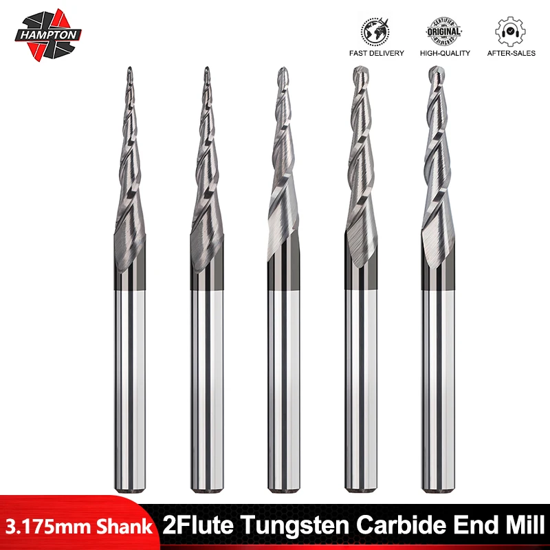 HAMPTON 3,175mm Schaft Kugelkopffräser R0,25-2,02 Flöte Hartmetall Kegelfräser Für Holz Metall CNC Fräsen Werkzeug CNC Router Bit