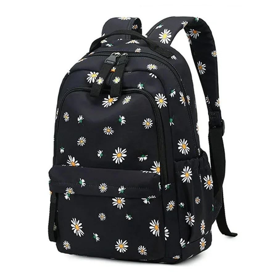 Mochila de flores para mujer, mochilas escolares coreanas negras
