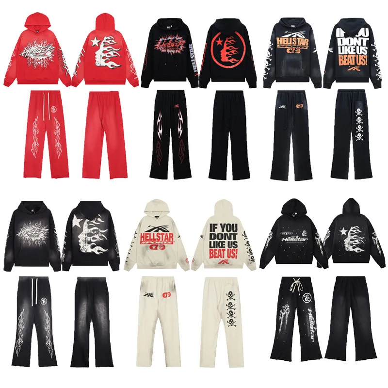2025 Spring New Autumn/Winter Wash Water Printed High Quality looped Cotton Hoodie Set for Men and Women 2
