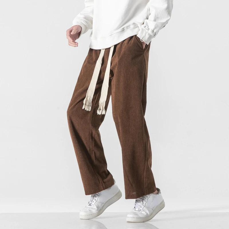 

Men Spring Casual Corduroy Pants Woven Drawstring Lace Up Large Size Japanese Style Loose Straight Pants Plus Size 3xl 4xl 5xl