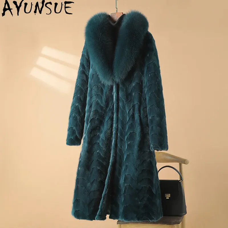 Ayunsue Pelliccia Di Visone Cappotto Donna Lusso Inverno Vera Pelliccia Cappotti Collo Di Pelliccia Di Volpe Lunghe Giacche Di Pelliccia Di Visone Per