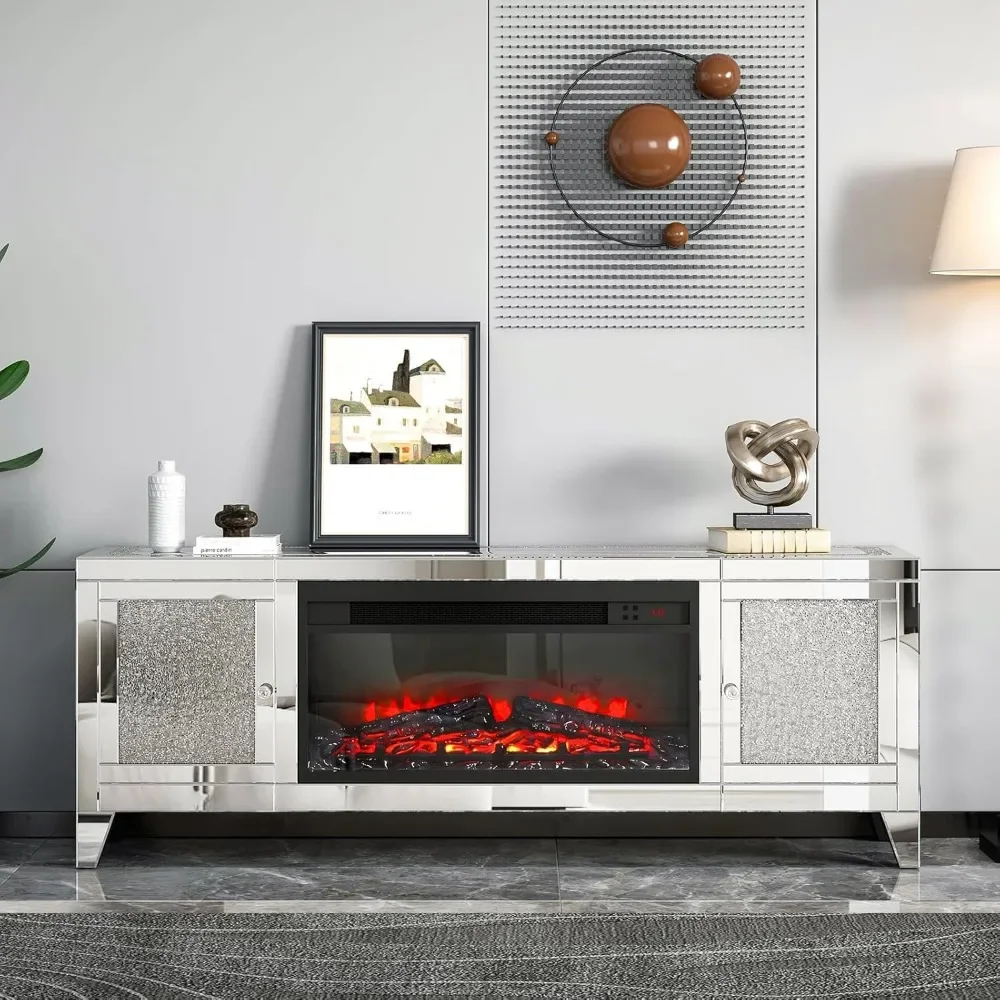 Fireplace TV Stand 59" with Storage Mirrored Silver TV Stand for 65 Inch TVs for Living Room Tall Entertainment Center TV Stands 6