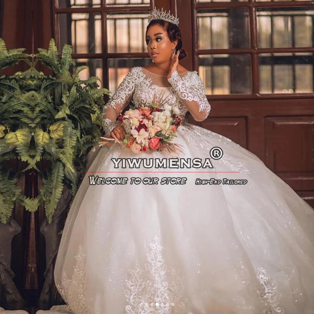 

South Africa A Line Wedding Dresses Crystals Beaded Appliques Bridal Gowns Sparkly Tulle Long Sleeves Bride Clothing Tailored