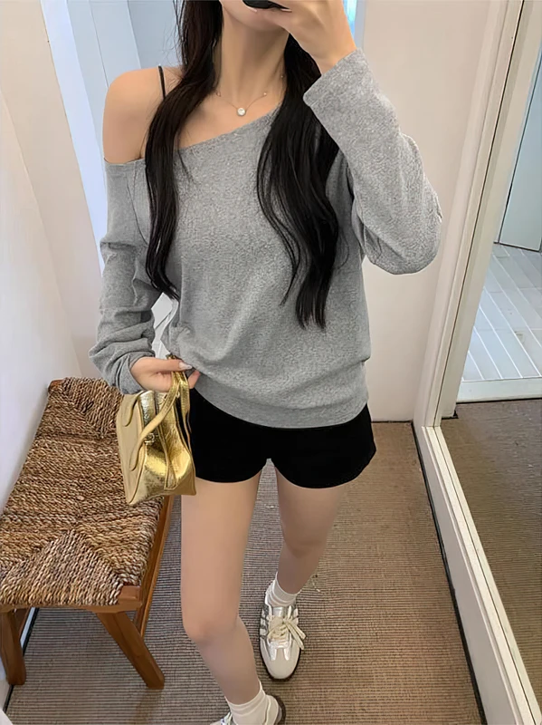 Off the shoulder Long sleeve T shirt Women Spring Autumn