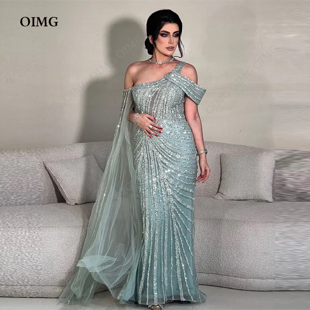 Oimg Verde Lucido Paillettes Una Spalla Prom Dress Sparkly Dubai Abiti Da Sera Formali Splendidi Abiti Da Festa Vestidos De Festa