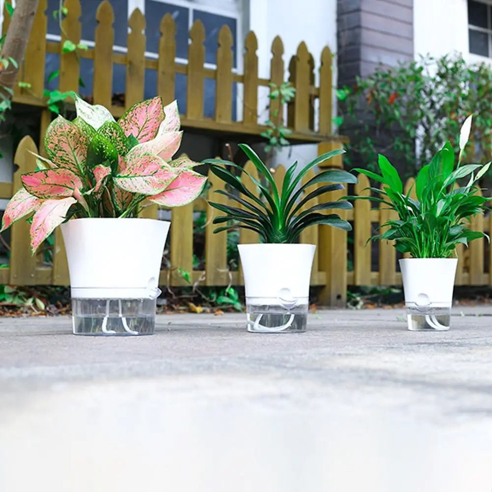 Transparent Double Layer Plastic Flower Pot Self Watering Flowerpot Cotton Rope Watering Small Plant Pot with Injection Port
