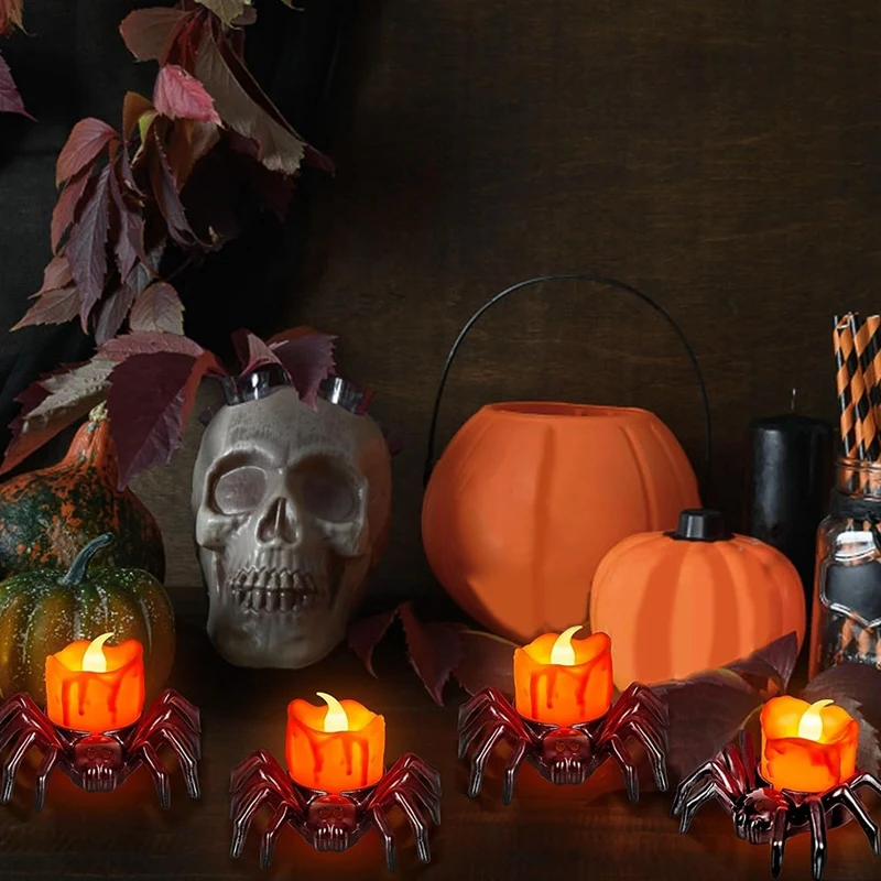 

12 PCS Halloween Tea Lights Candles, Halloween Spider Tealights Spooky Electric Flickering Candles For Halloween Party Black