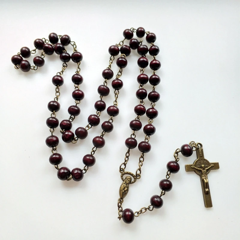 Rufous Colored Wooden Beads Rosary Necklaces with Jesus for Cross catholic rosary necklace wood cross