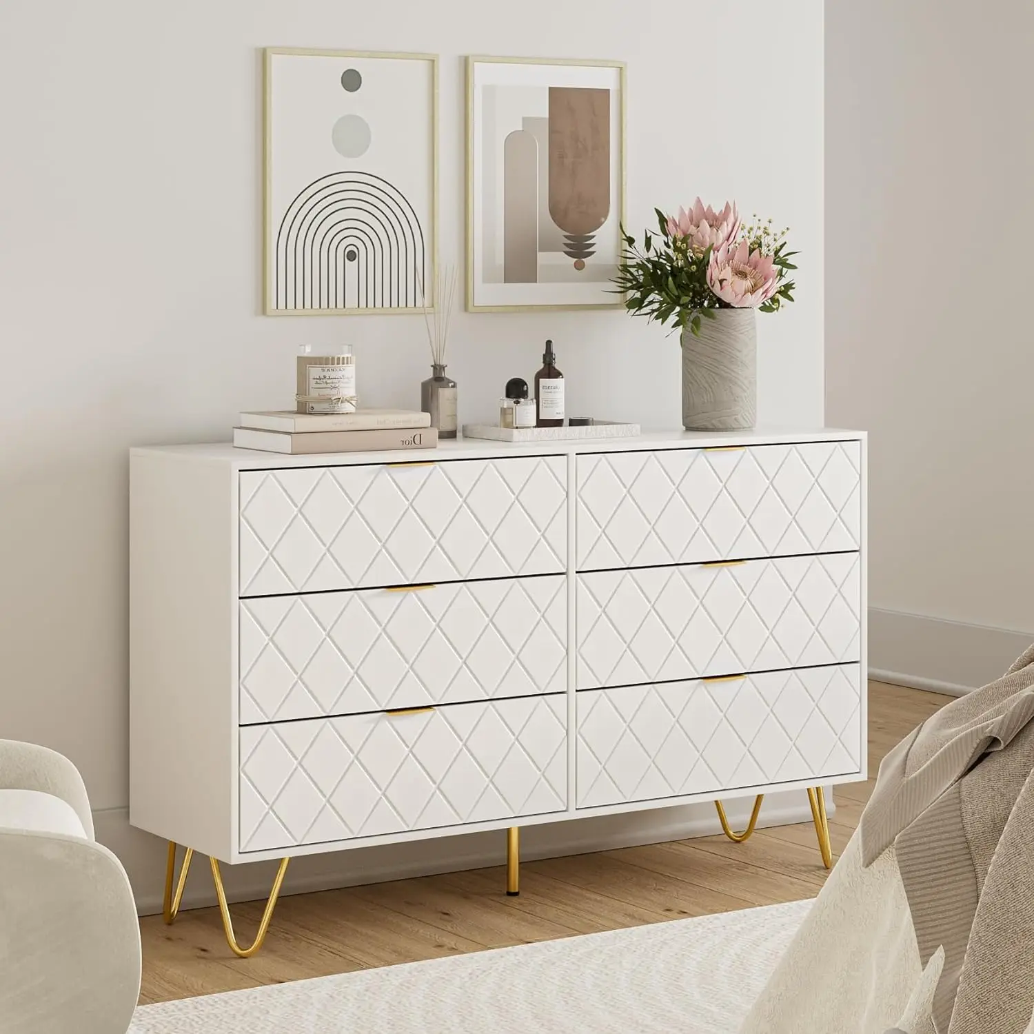

6 Drawer Dresser, Drawer Chest, Tall Storage Dresser Chest Cabinet Organizer Unit with Metal Legs, Large Dresser for Bedroom