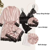 4 pièces femme vêtements de nuit pyjamas Ser avec Robe Sexy dentelle Lingerie peignoir soie Satin maison vêtements de nuit Robe 4
