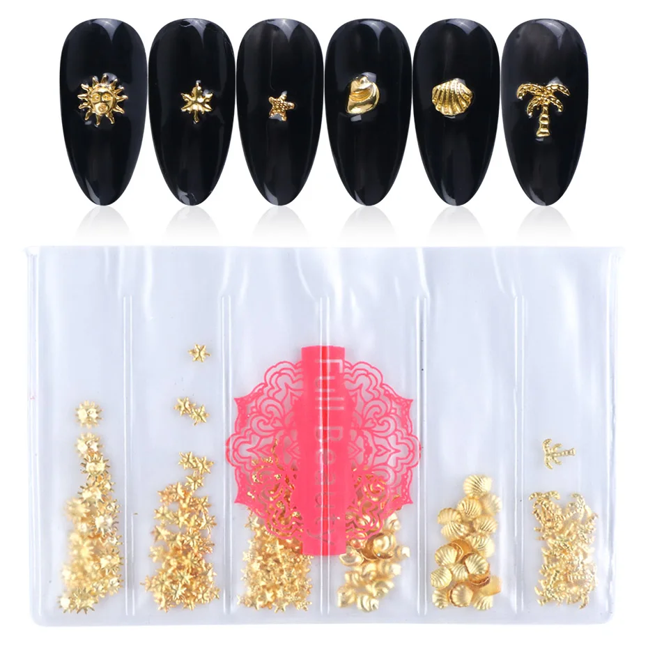 12 Gitter Gold Nail Art Legierung Nieten Meer 3D Dekorationen Muschel Stern Nagel Charm Metallrahmen Nieten Nagel Pailletten Zubehör – Detail 8