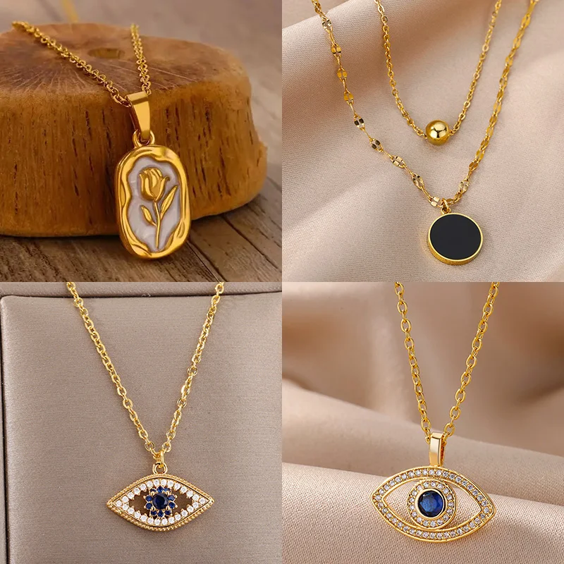 Rose Flower Necklace Gold Color Tulip Pendant Stainless Steel Chain For Women