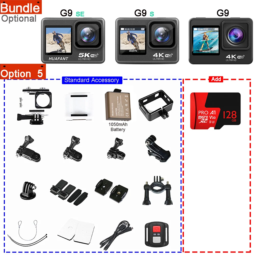thumbnail image 1 of Cámara de acción G9SE 5K30fps 4K60fps 50MP 2,0 LCD táctil EIS DVR cámara web pantalla Dual Wi-Fi 170D impermeable 30M 5X Zoom cámara deportiva, 1 of 4