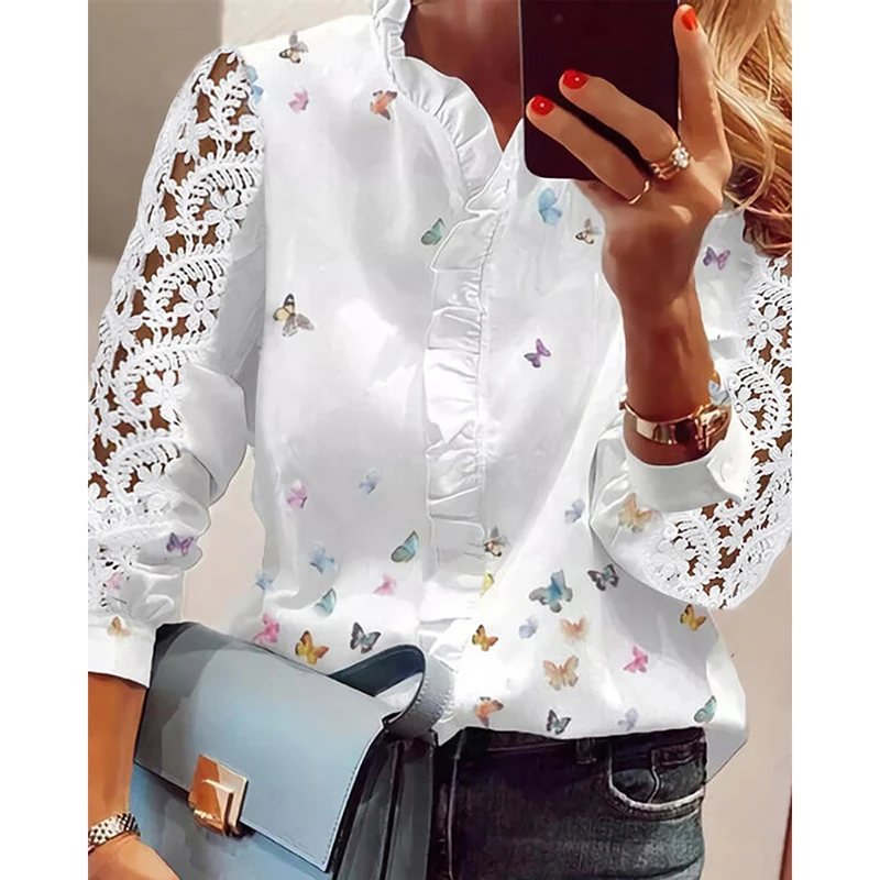 New lace patchwork printed shirt for women Women Elegant Fashion Butterfly Top Ruffled Trim Casual Long Sleeve Blouse