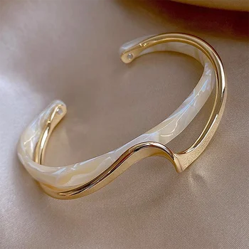 White Acrylic Geometric C-Shaped Metal Bangles – Women’s Hand Bracelets with Open Design