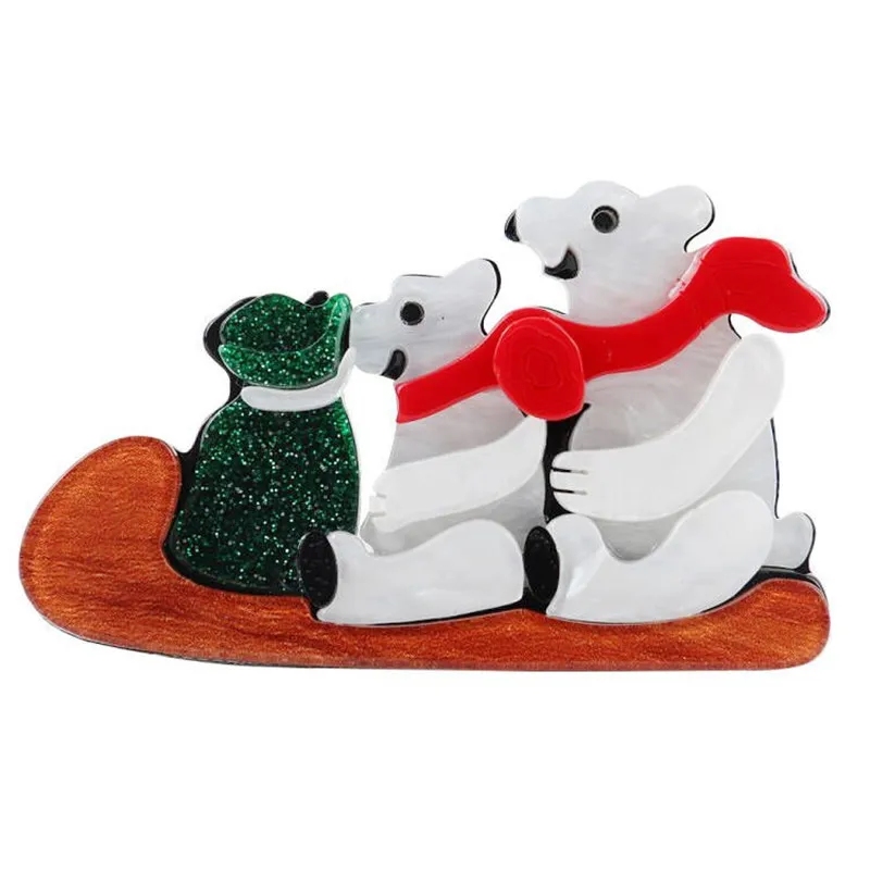 

Christmas Gift Cute White Polar Bears Skiing Acrylic Brooch Lapel Pins Resin Xmas Snowman Badge Brooches for Women Party Jewelry