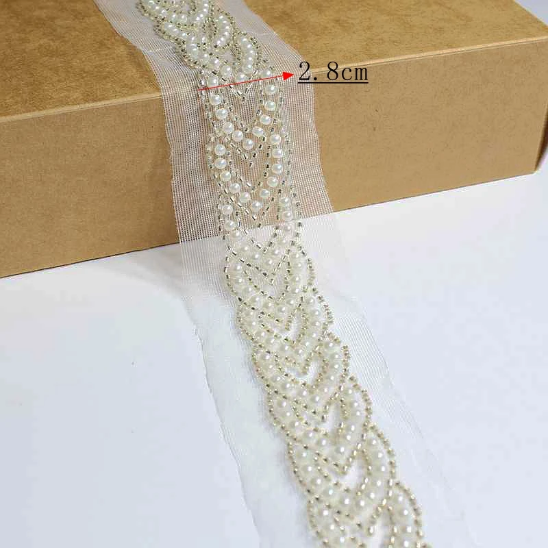 Pearl Trim Beaded Lace White Mesh Embroidery Beading Trim Ribbon Strip Lace Garment Sewing Accessories
