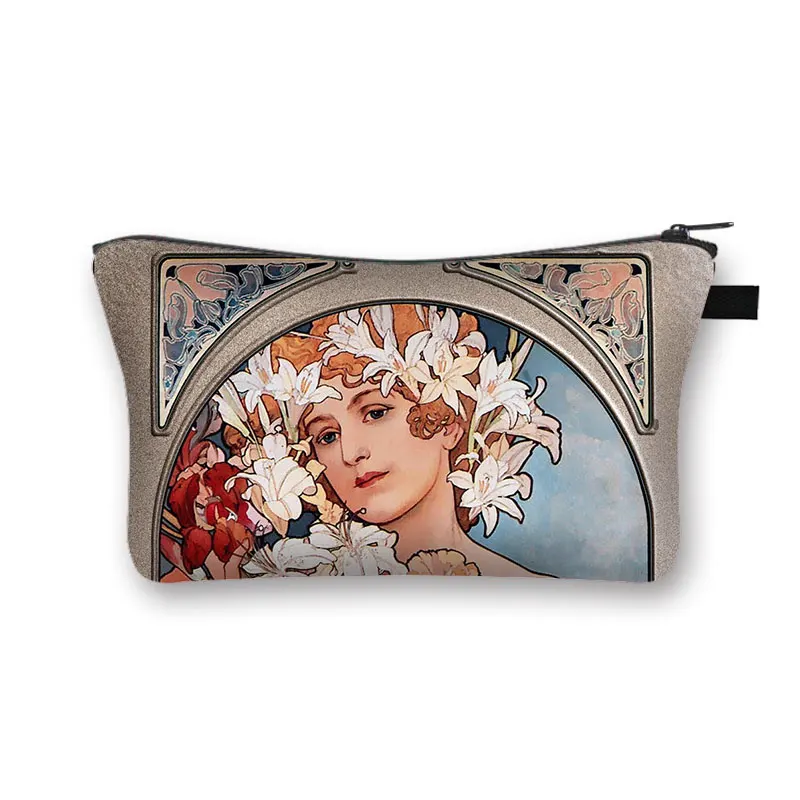 Oil Painting By Alphonse Mucha Print Cosmetic Case Women Makeup Pouch Lipstick Storage Toiletry Bags Ladies Cosmetic Washing Bag 3