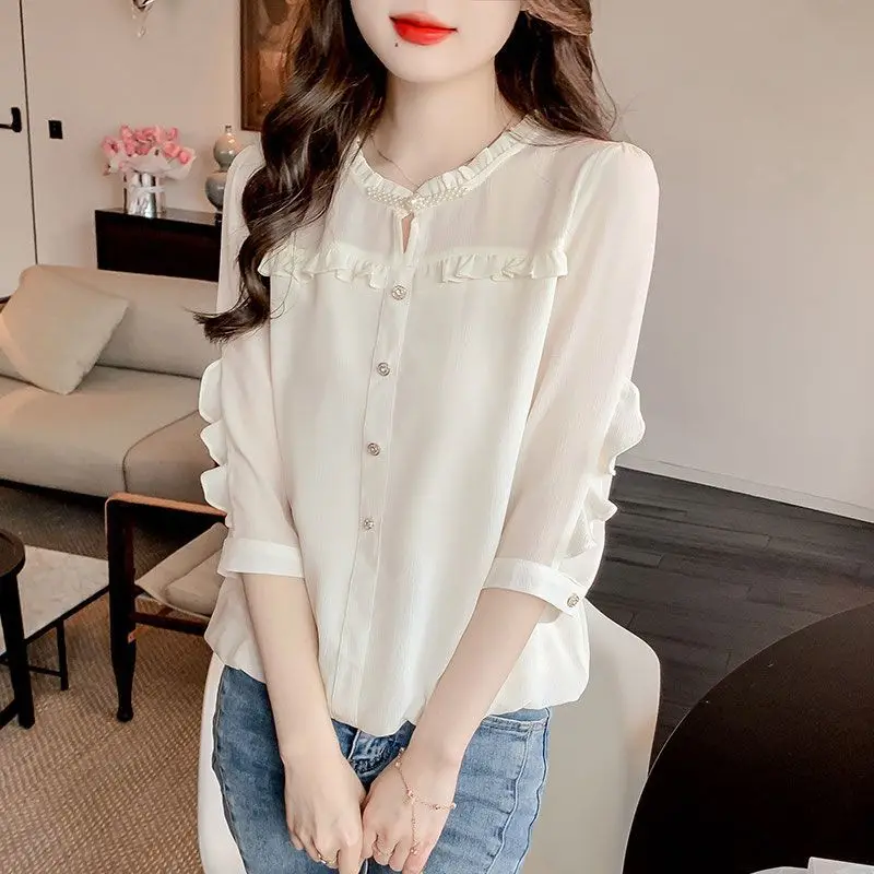 여성용 3/4 소매 셔츠, 얇은 라운드 넥, 스플라이스 러플 단추 풀오버, 솔리드 스트레이트 쉬폰 블라우스, 2024 용수철, 새로운 패션