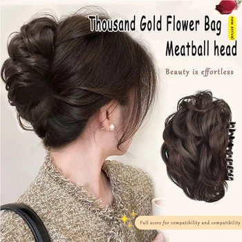 Clip per capelli sintetici con chignon, stile fiore, corto e lungo, riccio, soffice e alla moda