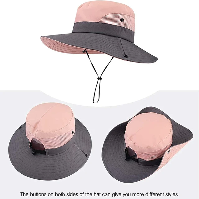 UV Protection Boonie Hat with Rope, Wide Brim Fishing Hat, Bucket Hat, Sun Hat with Ponytail Hole, Foldable Outdoor Sports Hat for Hiking Fishing