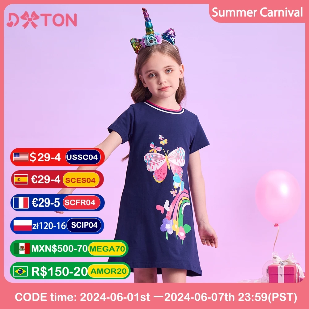 

DXTON Summer Girls Casual Dresses Short Sleeve Toddler Dress For Girls Butterfly Floral Printed Children Cotton Kids Dress 3-12Y