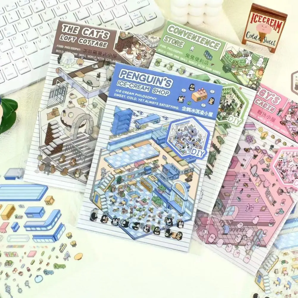 4 Sets 3D Scene Stickers Adjustable DIY Cat Cafe House Stickers Stress Relief Entertainment Decals Cabin Scene Stacking Pasting