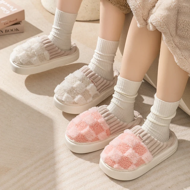 Fashion Couple Winter Toe Wrap Warm Plaid Cotton Slippers