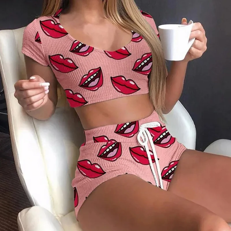 Women Pajamas Set Summer Short Lips Print Female Sleepwear Top+Pants Homewear Underwear