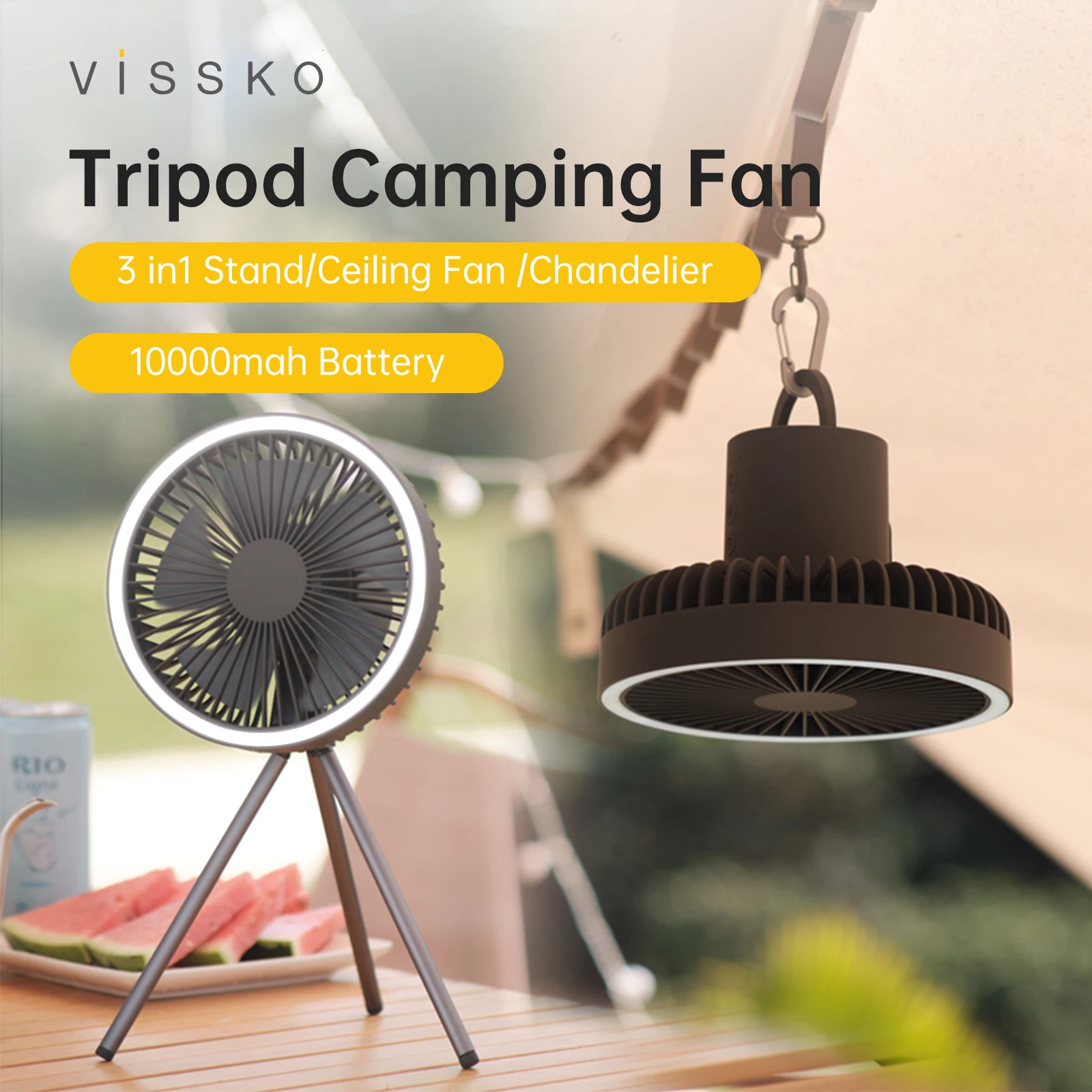 Vissko10000mAh 휴대용 캠핑 삼각대, 선풍기 충전식 다기능 미니 선풍기, USB 야외 천장 선풍기, LED 조명 스탠드 데스크탑