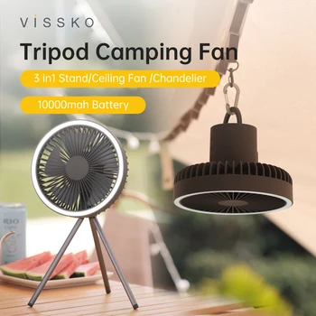 Vissko10000mAh 휴대용 캠핑 삼각대, 선풍기 충전식 다기능 미니 선풍기, USB 야외 천장 선풍기, LED 조명 스탠드 데스크탑