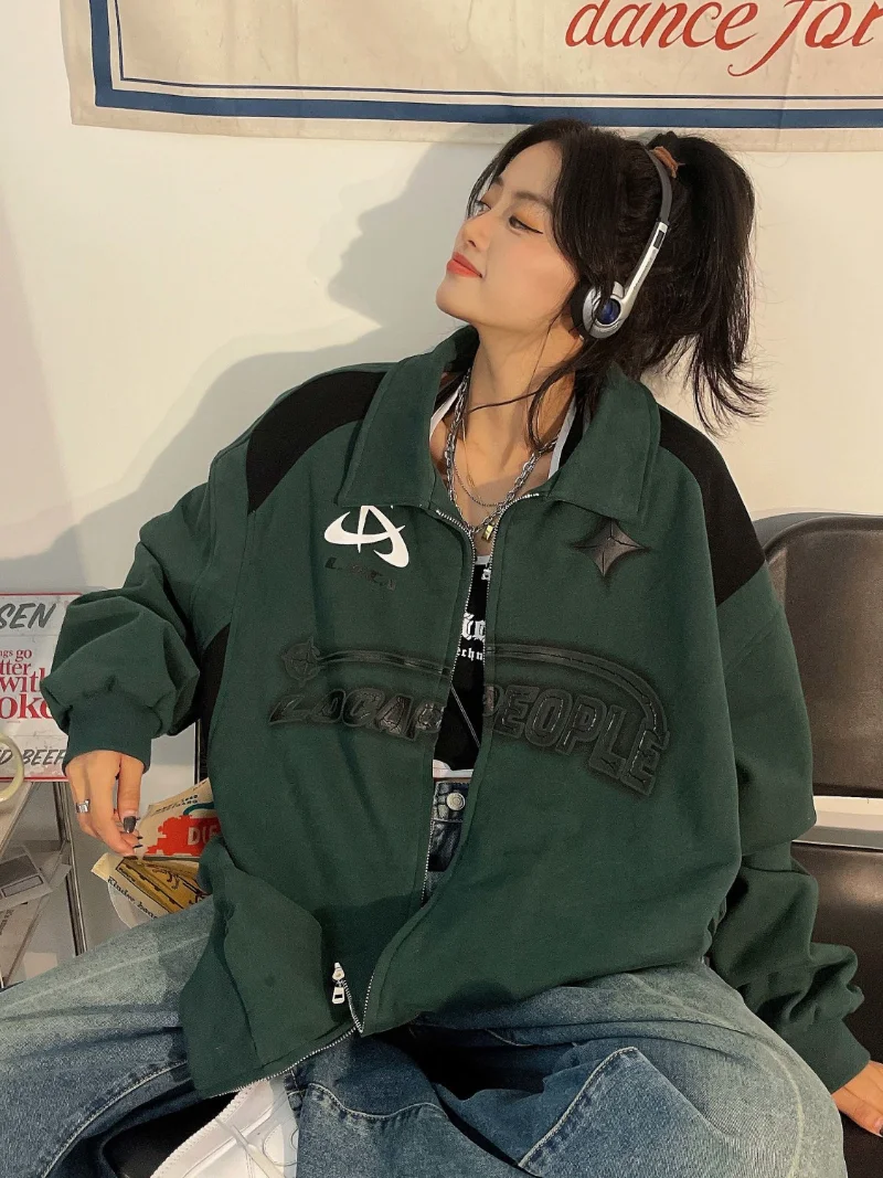 Jachetă de damă cu fermoar și imprimeu cu litere, jachetă supradimensionată, Y2K, retro, hip hop, vrac, trend coreean, modă stradă, casual, jachetă_voghion.com