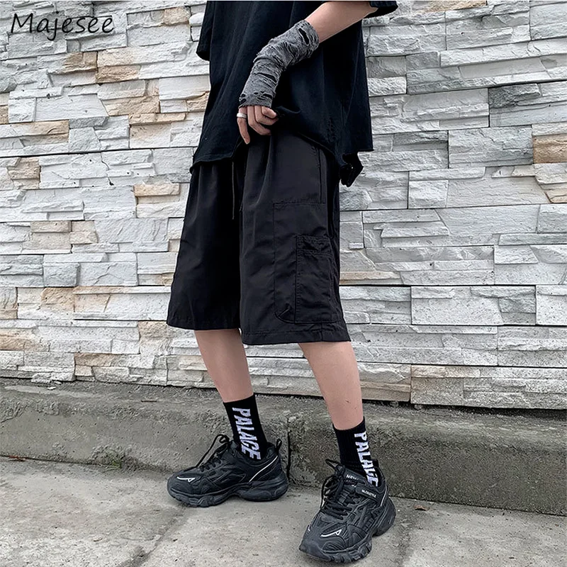 

Casual Shorts Men Loose Black Korean Style Fake Zipper Design Students All-match Summer New Fashion Simple Popular Knee-length