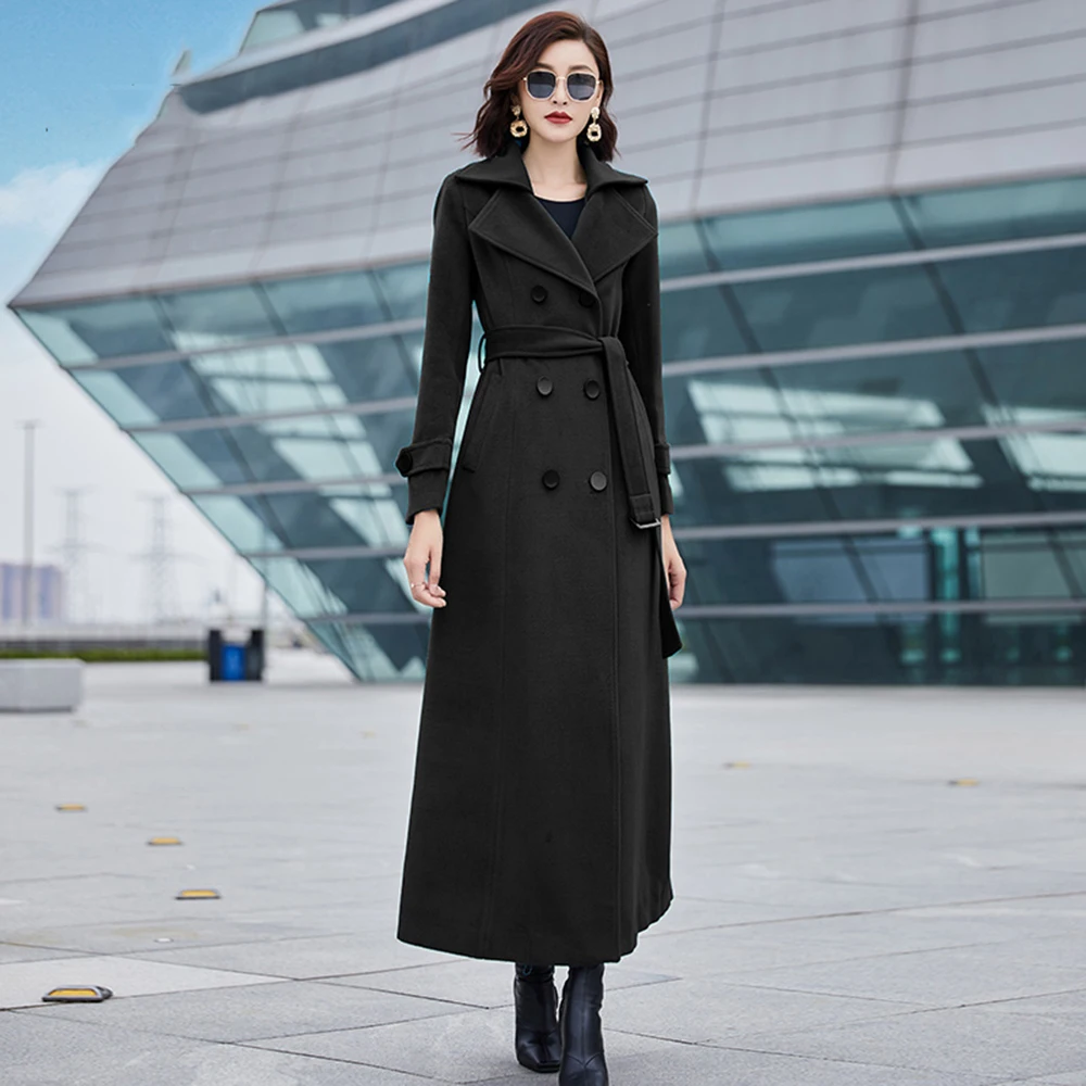 New Women Classic Black Woolen Coat Spring Autumn Fashion Simplicity Double Breasted Slim Overlength Wool Tops Coat Female