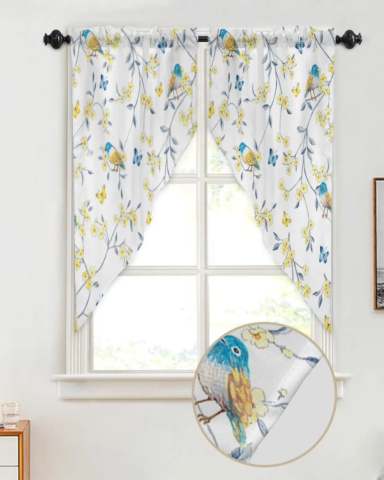 Floral Botanical Rod Pocket Kitchen Valance Curtains Yellow Floral Branch Scalloped Swag Curtains Living Room Bathroom Window 2