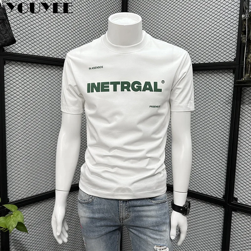 

Men's Casual T-shirt White Letter Tees Summer 2023 New Round Neck Handsome Silky Cotton Slim Half Sleeve Homme Tops Clothes 7xl