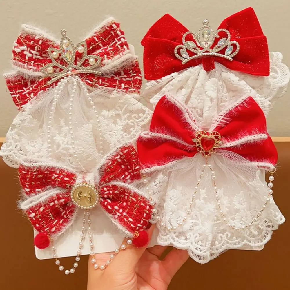 

Lace Children Red Hairpin Tang Suit Hair Clip Crown Chinese New Year Headwear Ancient Headwear Pearl Red Bow Hairpin