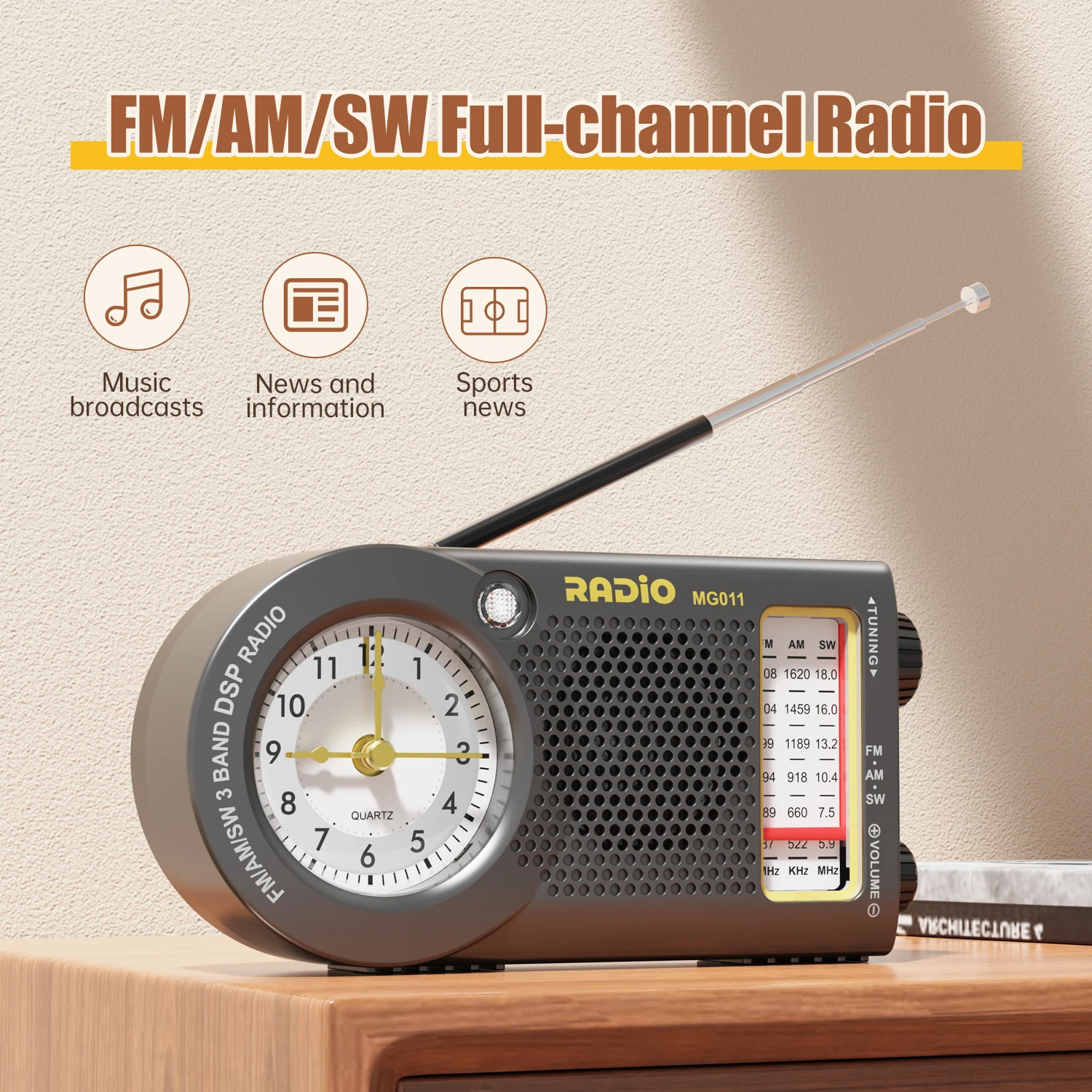 다기능 시계 라디오(AM/FM/SW 수신 기능 포함) 풍부한 음질, 휴대성이 뛰어나고 사용하기 쉬운 디자인으로 일상 사용에 적합합니다. 검정색