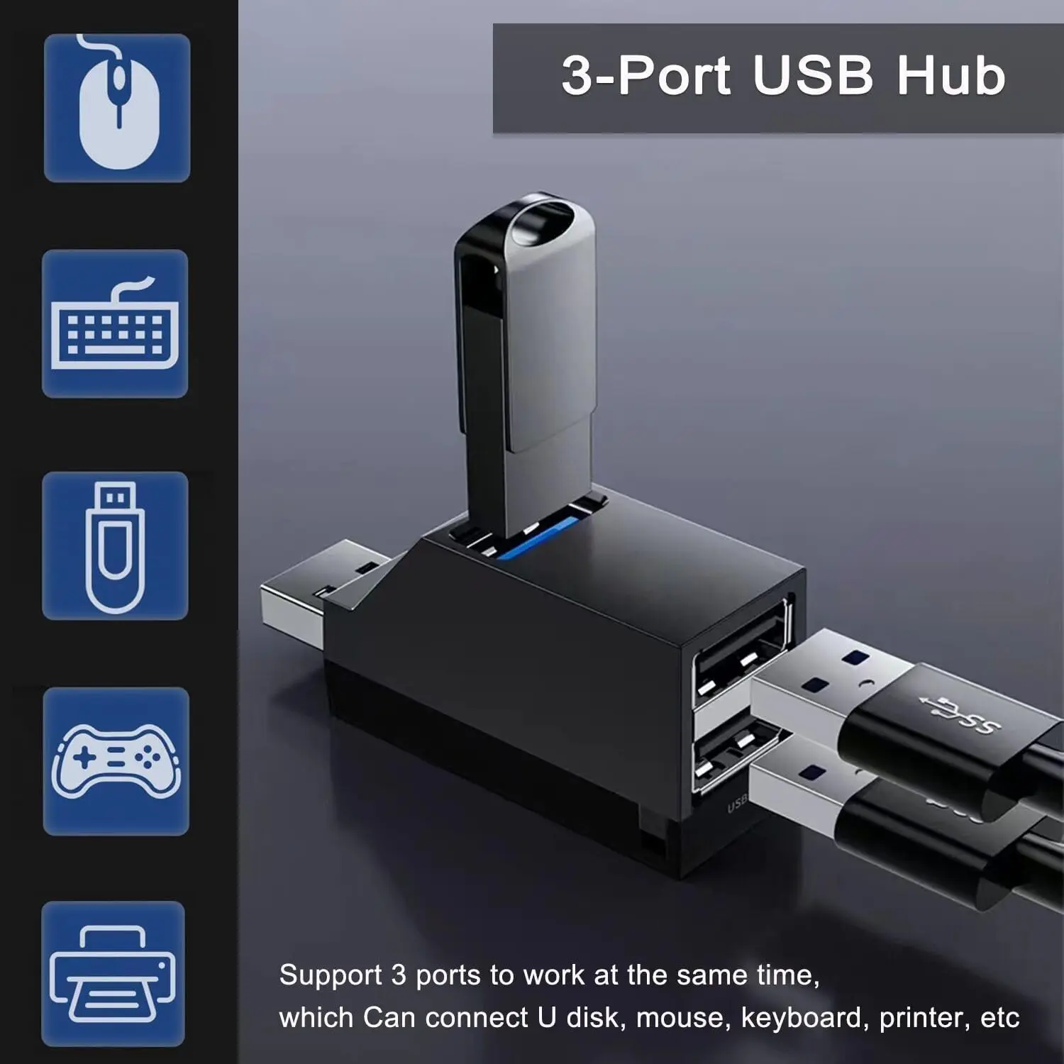 USB 3.0 Hub Adapter Extender Mini Splitter 1 to 3 Ports High Speed USB 2.0 for PC Laptop U Card Reader with2.0 Type-