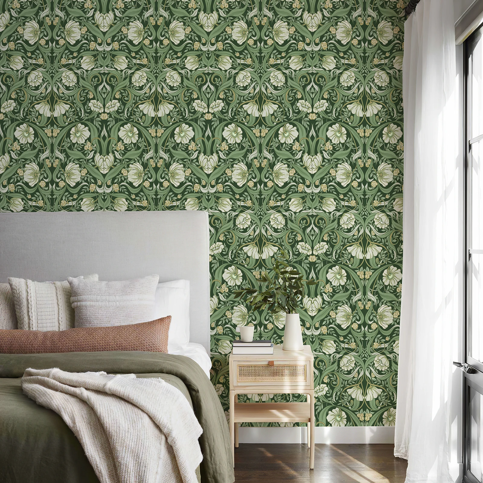 Green Floral Peel And Stick Boho Wallpaper Elegant Self-adhesive Fresh Flower Wallpaper Mural Retro Furniture Renovation Decor 10m vintage floral green peel and stick retro european style self adhesive waterproof wallpapers living room bedroom renovation