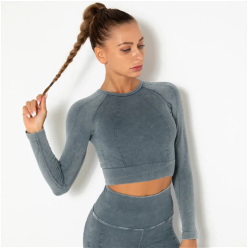 

Women Gym T-shirt Seamless Quick Dry Tracksuit Long Sleeve Crop Tops Shirt Fitness Sports Tight Push Gym Workout Shirts And Vest