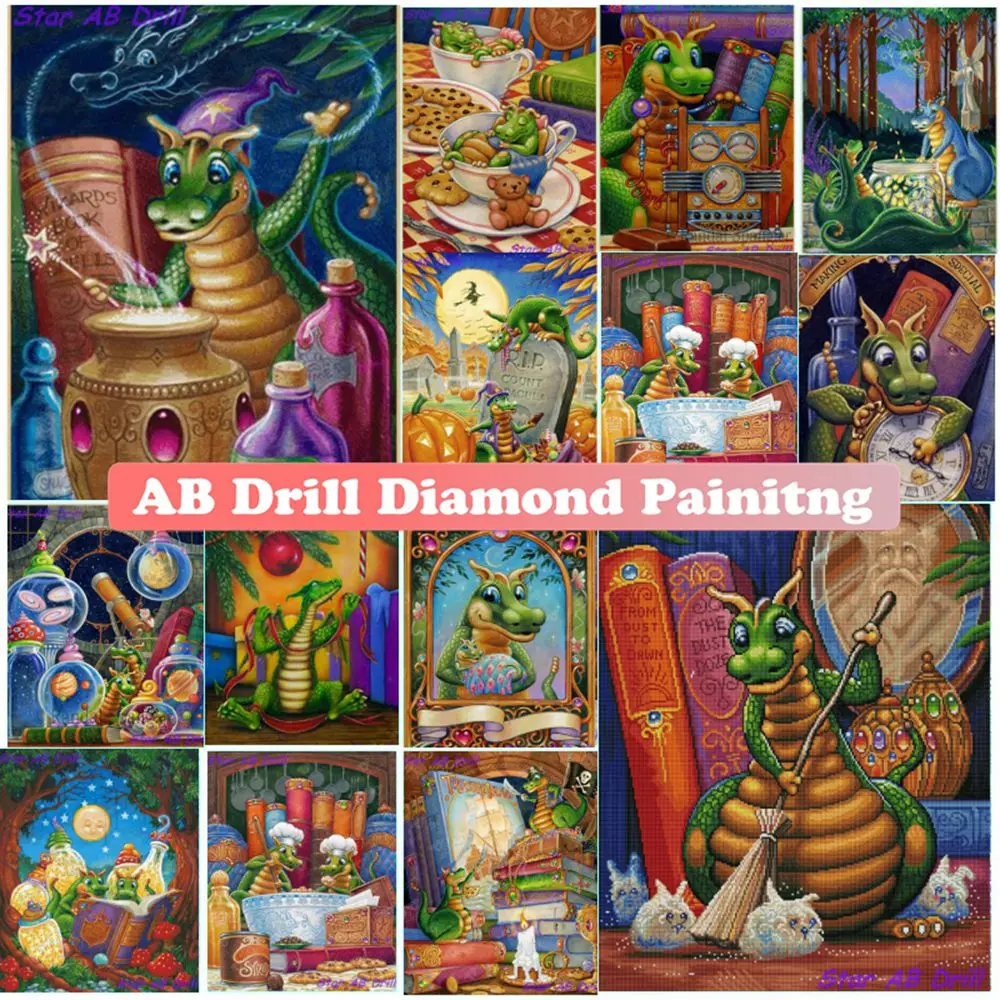 

5D Diamond Painting Kits AB Embroidery Randal Spangler Cross Stitch Rhinestones Fantasy Library Fairy Dragon Diy Art Home Decor