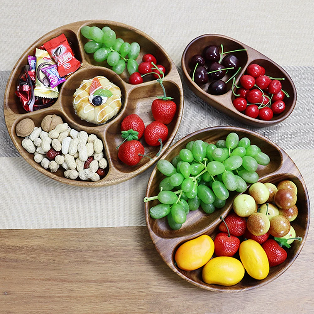 Solid Wood Serving Tray, 5 Compartment Wooden Bread Fruit Dessert Plate Tea Saucer Dish Pan