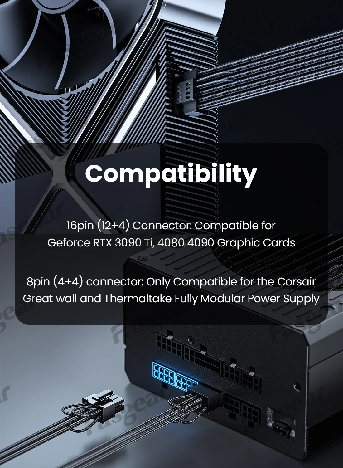 Power Cable Fasgear 12VHPWR PCIe 5.0 GPU Power Cable Connector for RTX 3090Ti 4000Series 5080 5070Ti Only for Corsair/Great Wall/Thermaltake