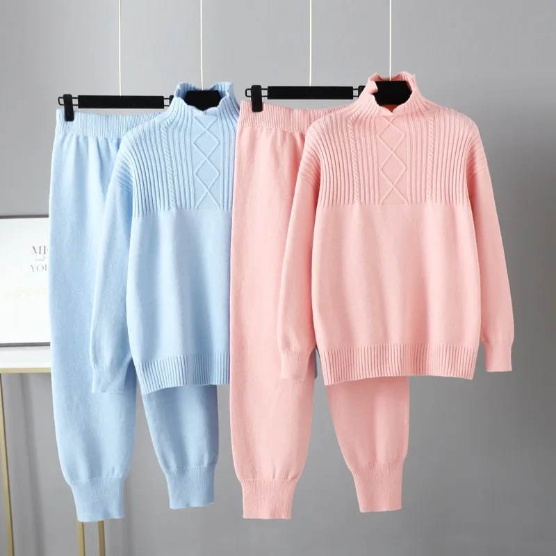 

C Autumn Winter Women's Versatile Soft Waxy Knitted Pants Set For Ladies Half High Collar Casual Loose Sweater Sets