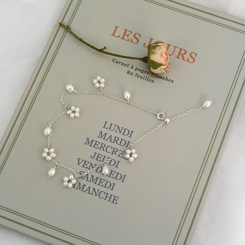 ASHIIQI Natural Freshwater Pearl Anklet 925 Sterling Silver Handmade Jewelry Wedding Jewelry Lady anklet bracelets silver anklets ankle chain