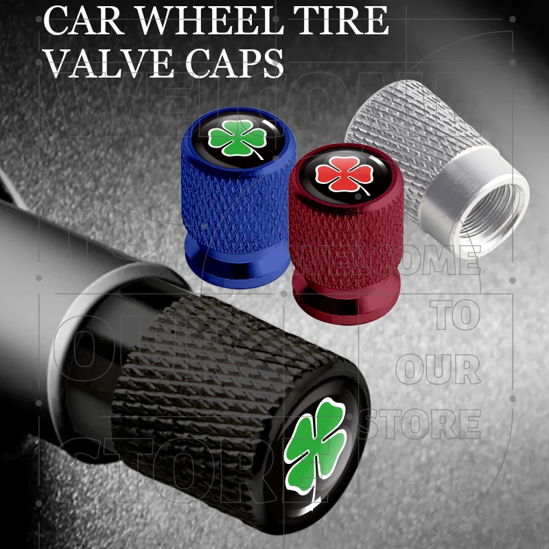 Alfa Romeo Four-Leaf Clover Logo Aluminum Tire Valve Caps - Set of 4, Waterproof and Dustproof Air Stem Covers