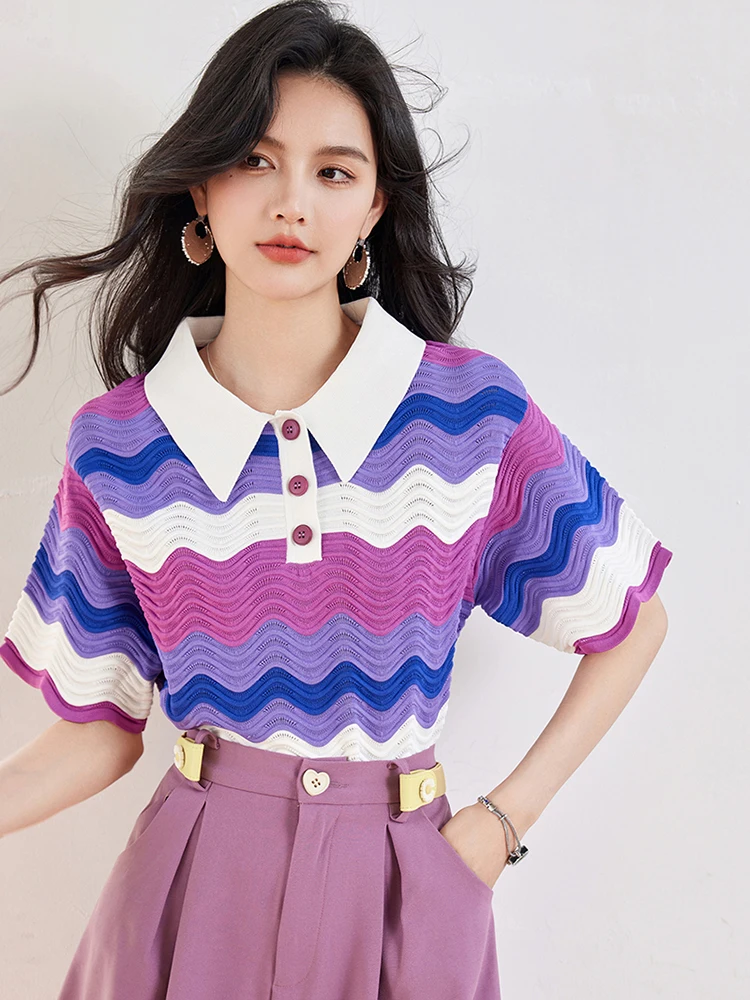여성용 레트로 대비 컬러 턴다운 칼라 티셔츠, 캐주얼 풀오버 패션, 게으른 스타일 상의, 여름 2024 신상