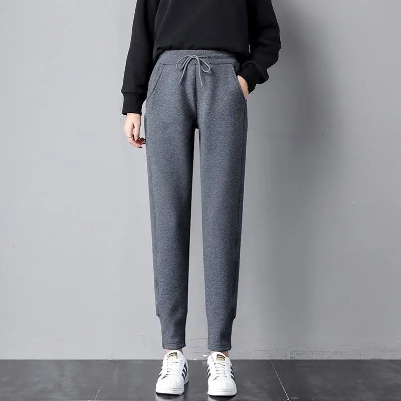Autumn and Winter Women's Elastic High Waist Solid Color Drawstring Pocket Tied Feet Lantern Trousers Fashion Casual Pants